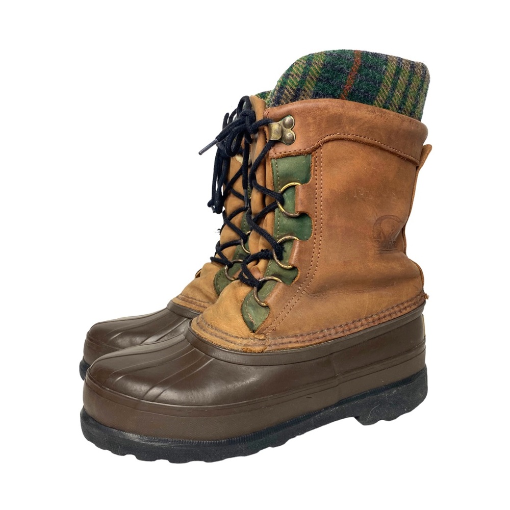 Vintage 90s SOREL Leather Plaid Rubber Duck Boots Waterproof Felt Lining Brown 5